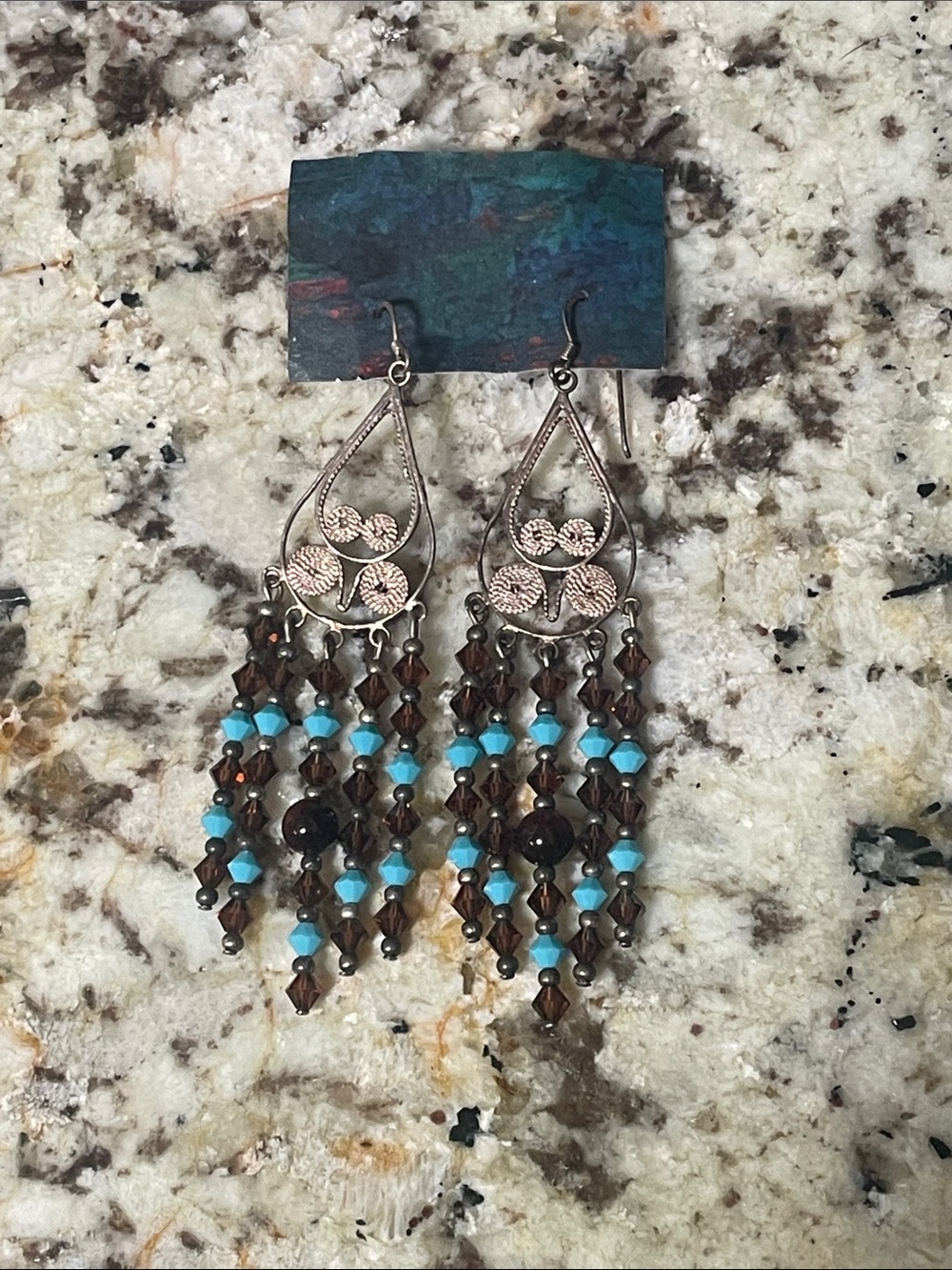 Vintage Sterling silver Teardrop Chandelier Earrings with Turquoise &Brown Beads